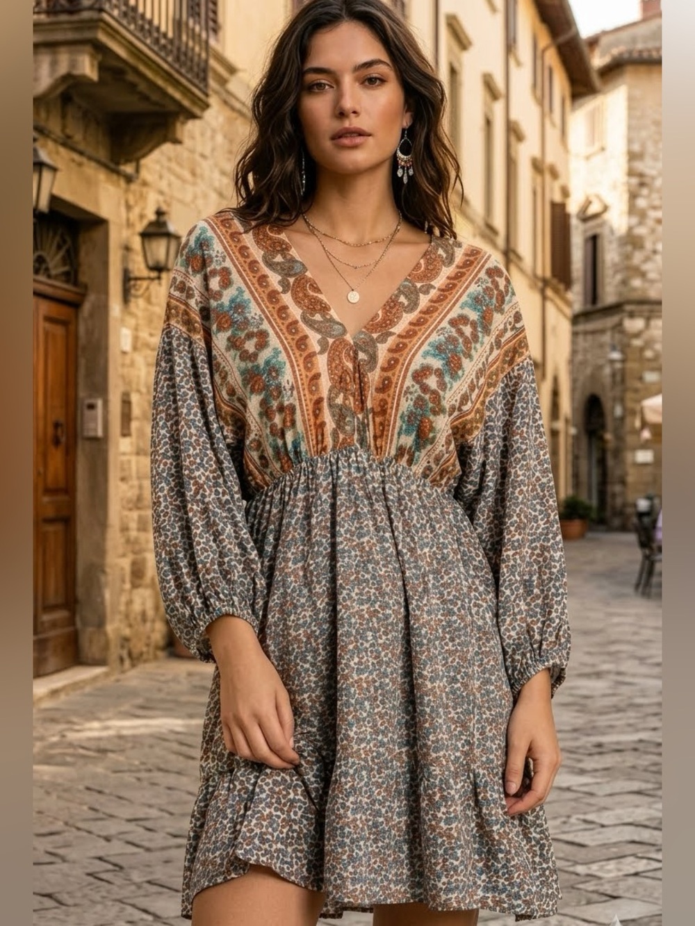 Umgee Mixed Print Long Sleeve Dress Size Large NWT